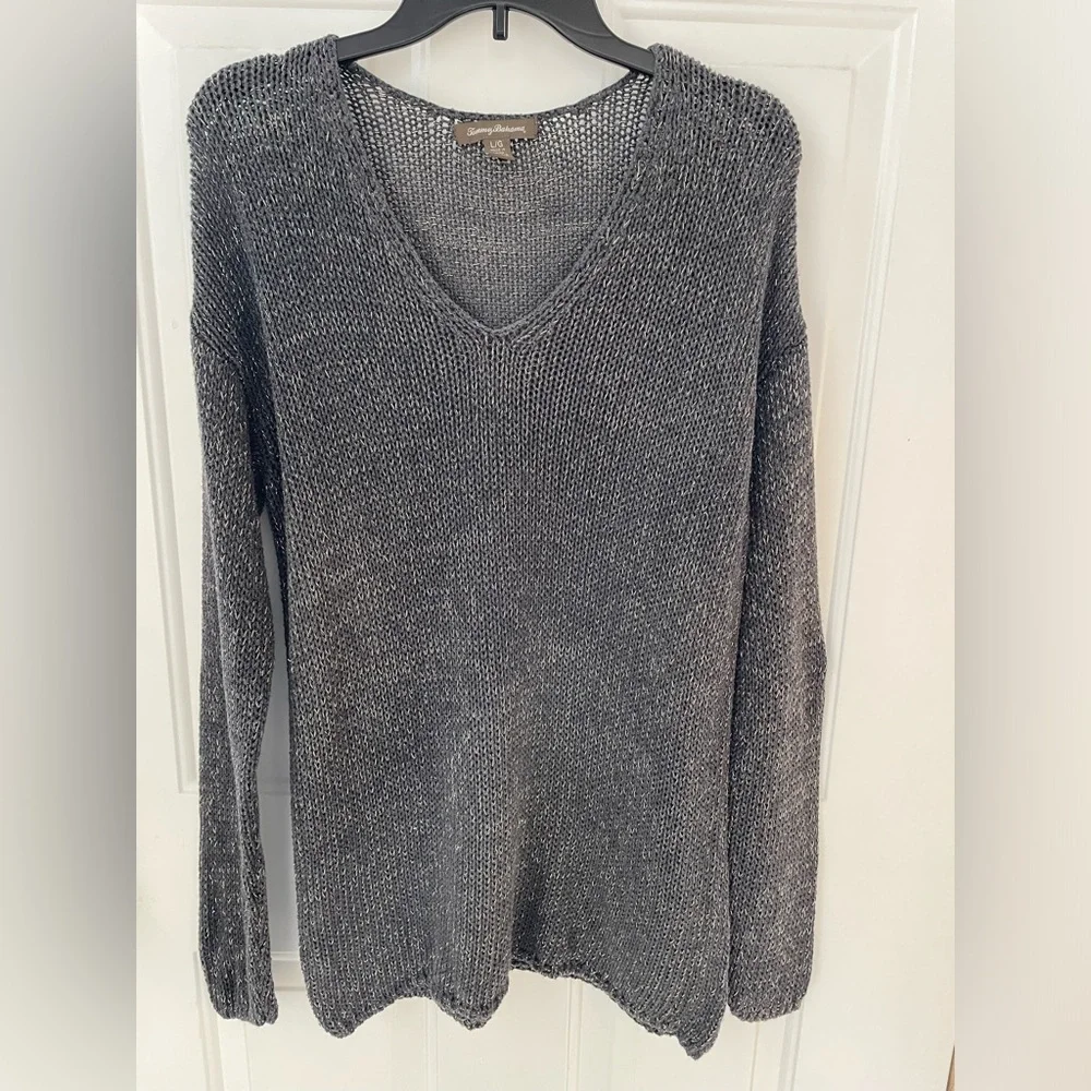 Tommy Bahama v-neck pullover sweater gray gold metallic large